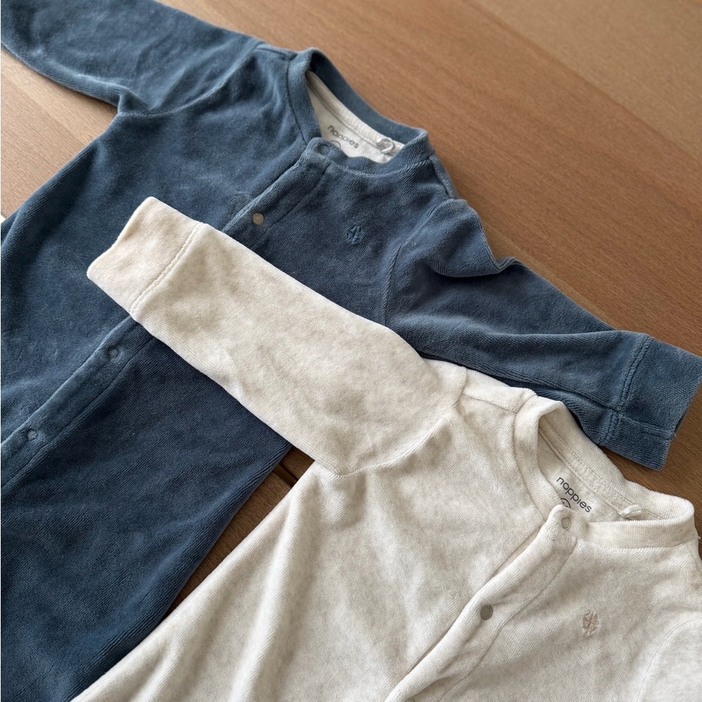 2 Noppies Blue & Oatmeal Baby Footed Sleeper Onesies